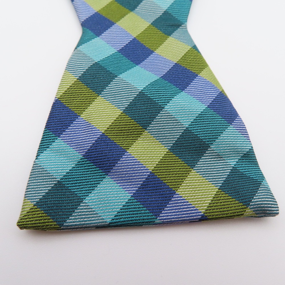 The Tie Bar Bow Tie Blue Yellow Green Gingham Check 2.5" Wide Self Tie Silk - Picture 2 of 5